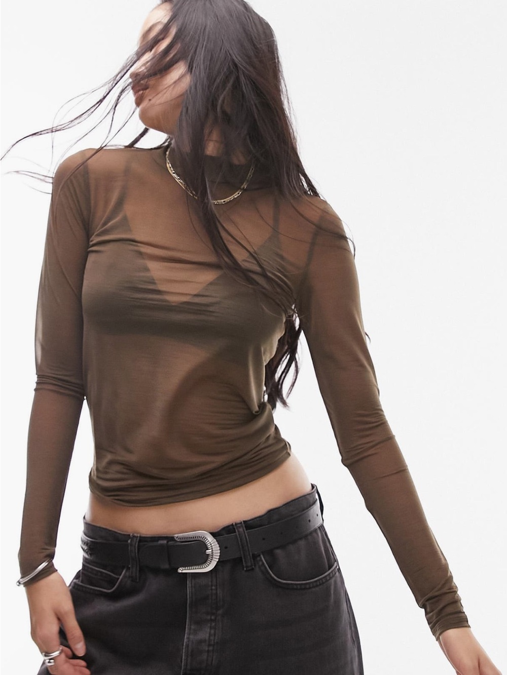 Topshop Olive Sheer Long Sleeve Mock Neck Top